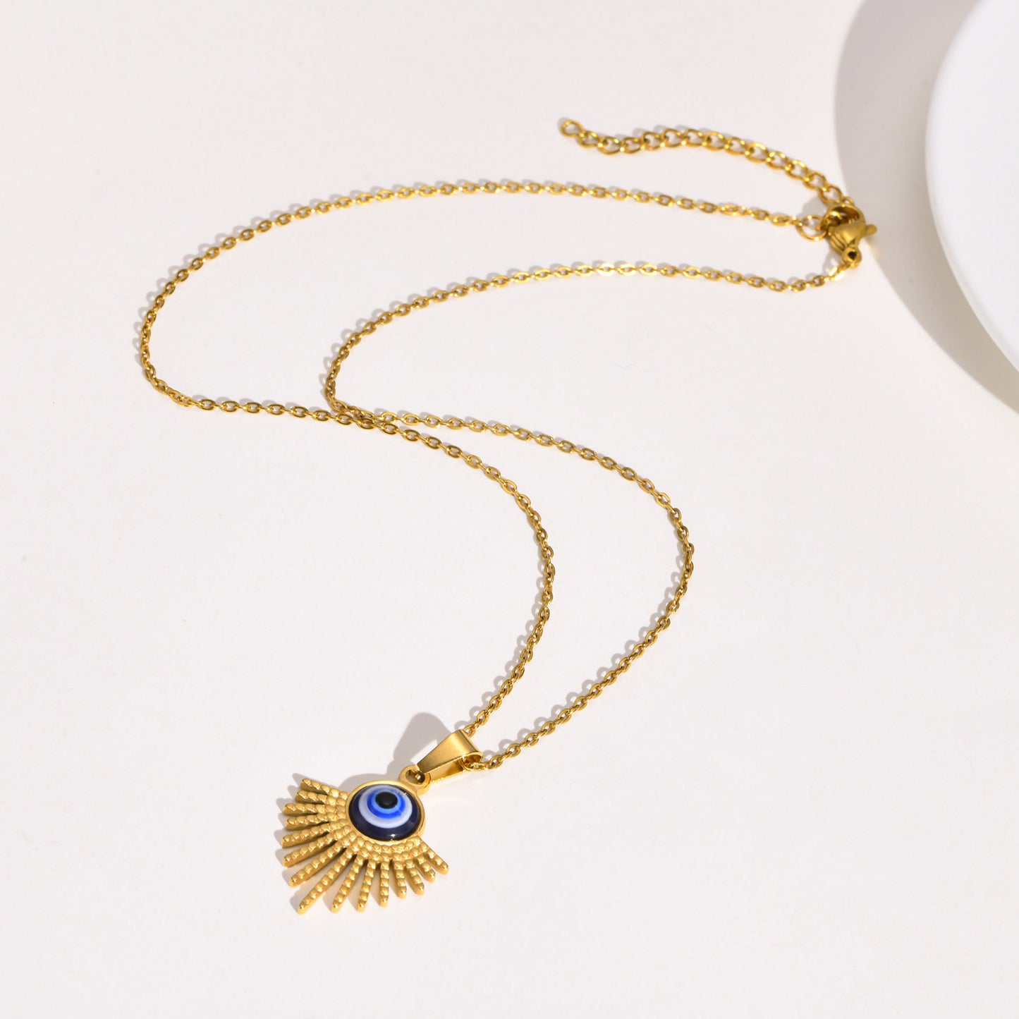 Stainless Steel Fan-Shaped Devil's Eye Gold Pendant Necklace