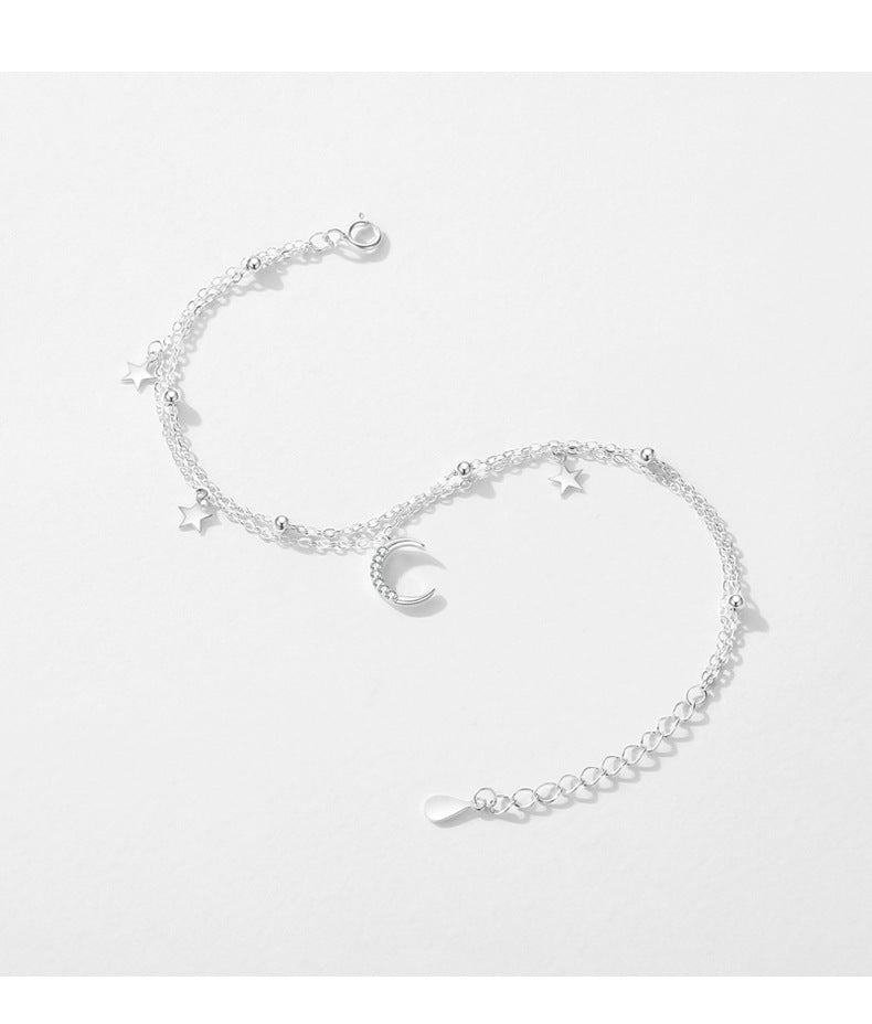 Double Layered Sterling Silver Star Moon Bracelet for Women with Zircon Accents