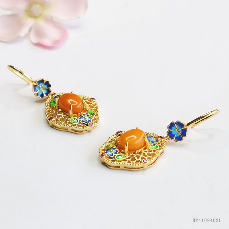 Beeswax Amber Enamel Flower Drop Earrings