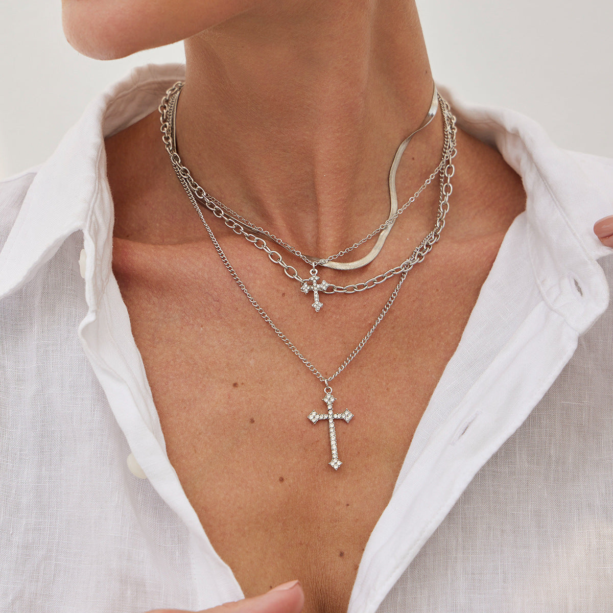 European and American cross-border personalized versatile zircon-encrusted cross pendant necklace, temperament stacked with cold ins long jewelry