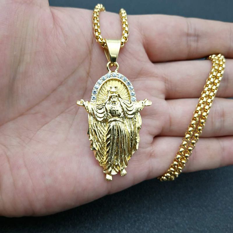 Planderful Stainless Steel Gold Plated Jesus Pendant Necklace with Zircon Elegant Christian Jewelry for Believers