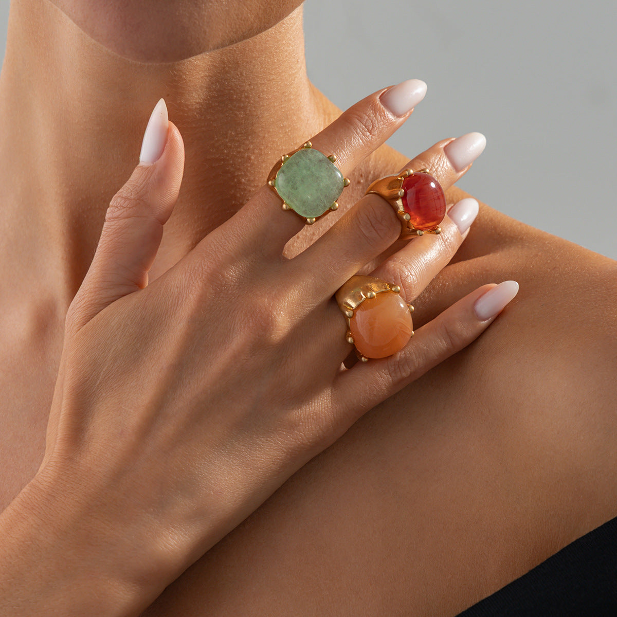 Planderful Vienna Verve Retro Square Smudged Stone Ring Set For Modern Fashion Lovers Bold Statement Jewelry
