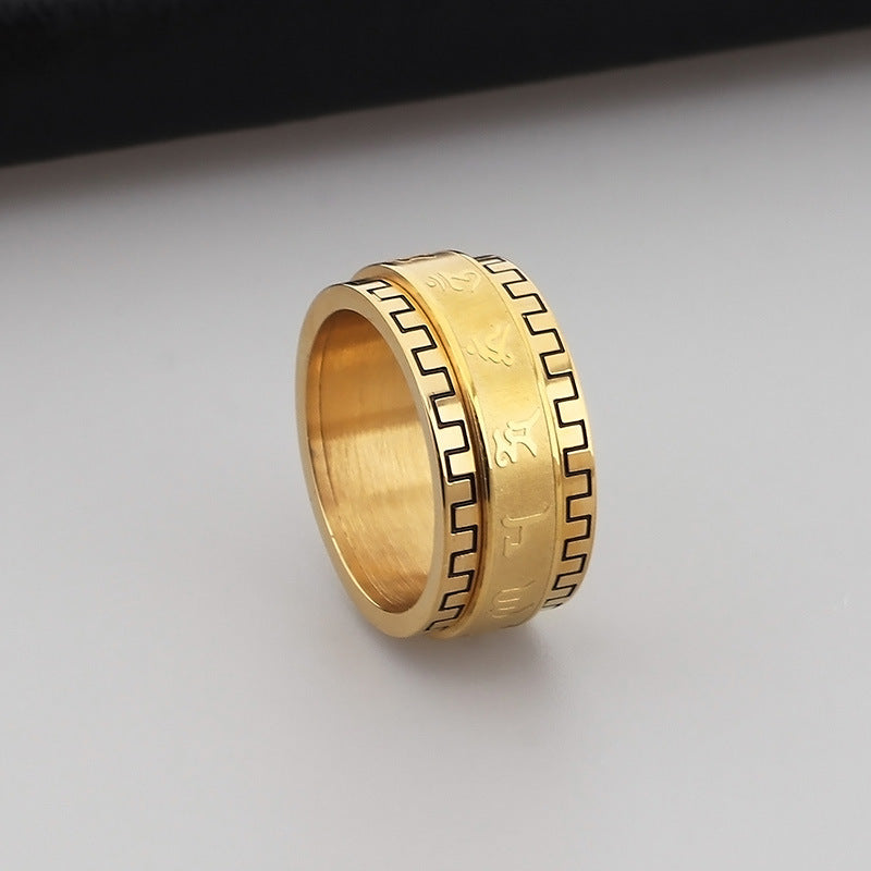 Pressing Lace Ring, Six-Character Mantra Decompression Rotatable Transfer Stainless Steel Ring For Men