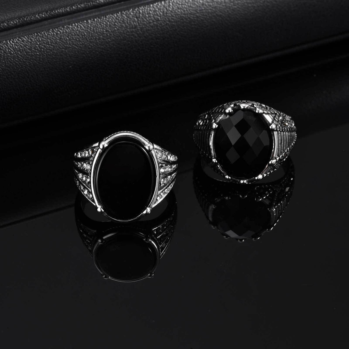 Stainless Steel Geometric Ring Inlaid With Round Cut Black Glass Black Agate – Men's Cool