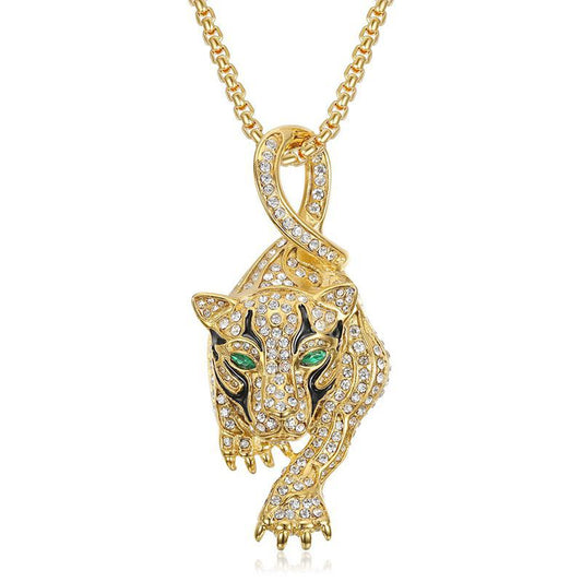 Planderful Leopard Head Pendant Necklace For Hip Hop Style Rhinestone Oil Drip Design Gold Plated Steel
