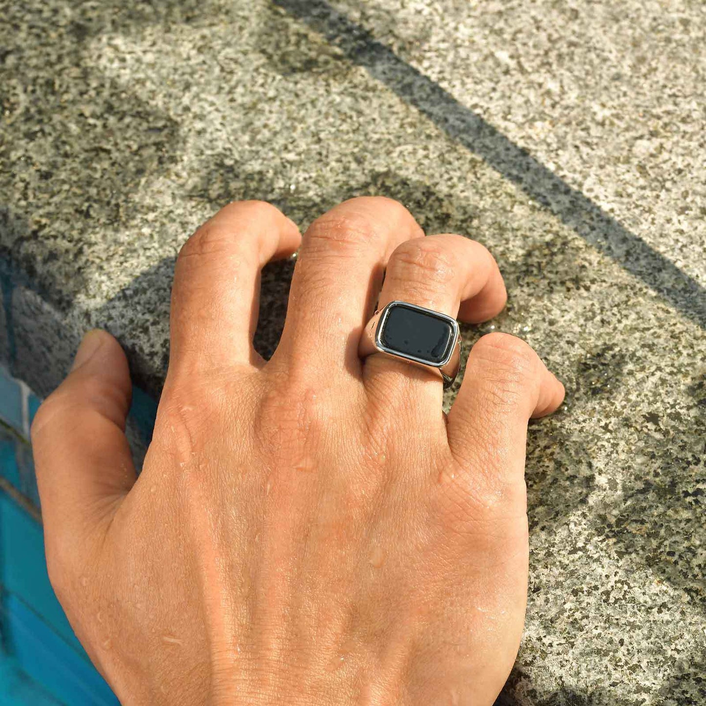 Stainless Steel Geometric Square Black Glass Stone Ring Mens