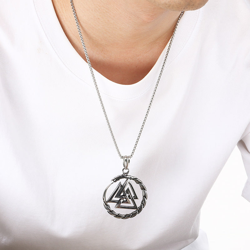 Viking Link Hollow Round Pendant, Old Nordic Octagram Celtic Knot Titanium Steel Men's Necklace