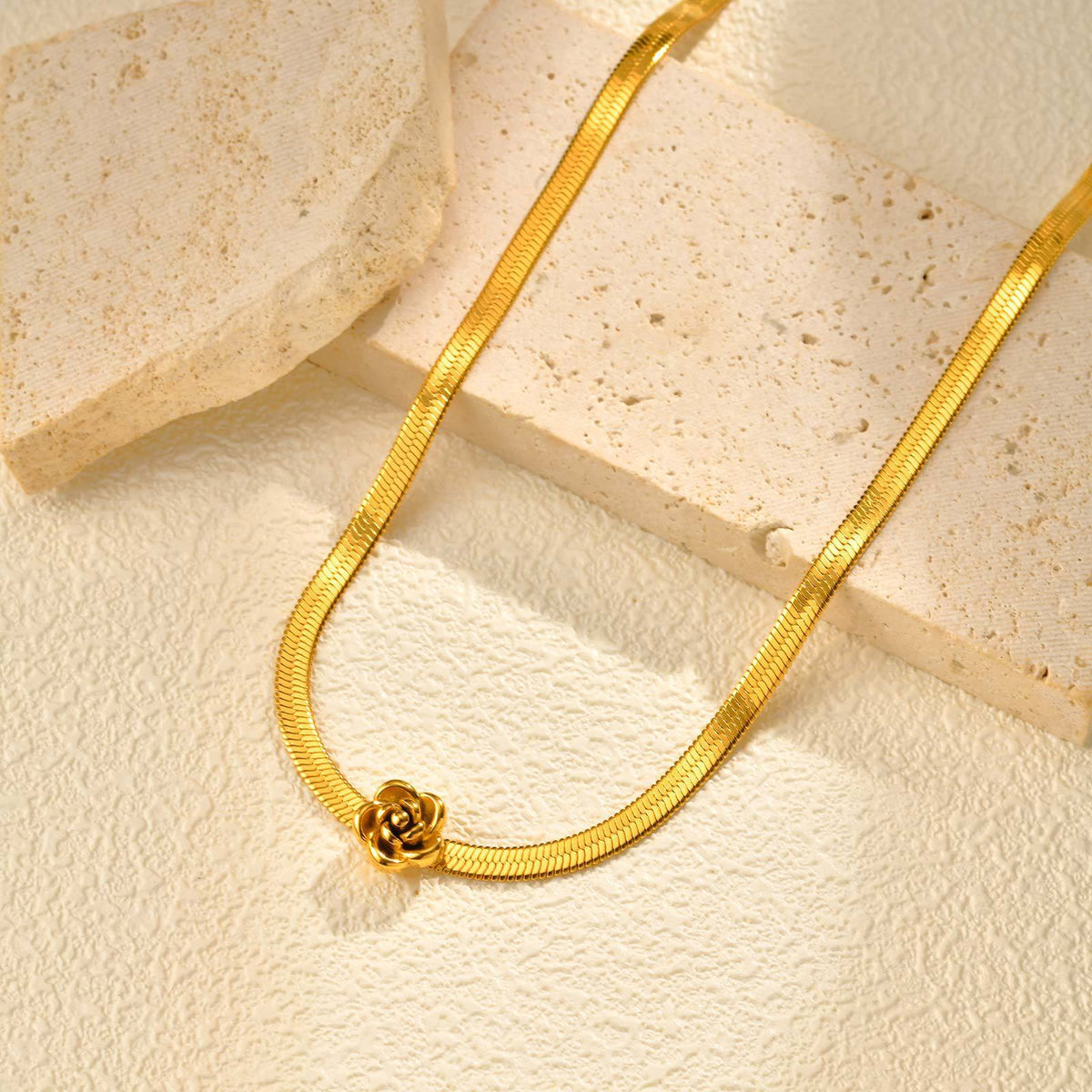 Stainless Steel Ladies Flower Snake Chain Rose Blade Chain Necklace Gold