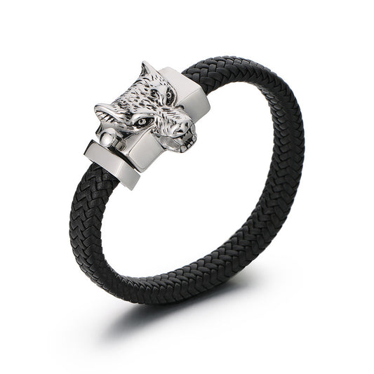 Planderful Mens Leather Wolf Head Bracelet Punk Style