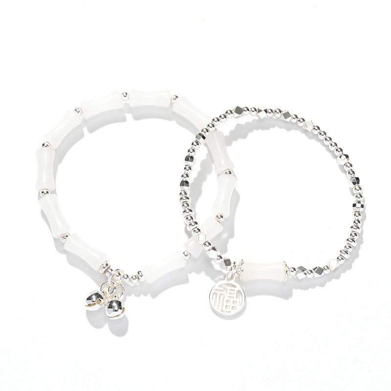Bamboo Bell White Chalcedony Stacked Bracelet for Valentine's Day and Birthday Gift