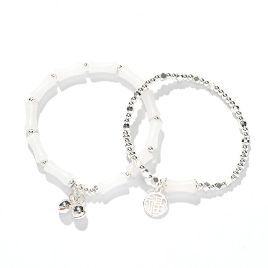 Bamboo Bell White Chalcedony Stacked Bracelet for Valentine's Day and Birthday Gift