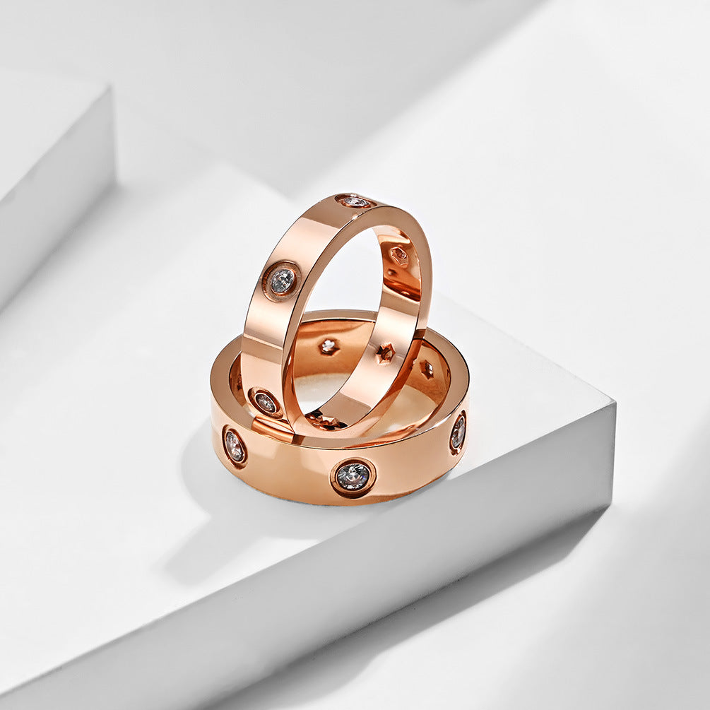 Cross-Border Titanium Steel Zircon-Encrusted Couple Rings