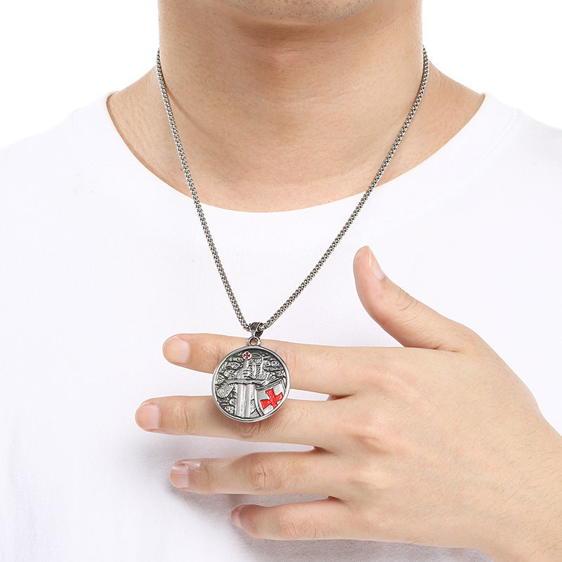 Templars Red Cross Jewelry, Viking Battleship Tomahawk Crow Odin Titanium Steel Men's Pendant Necklace