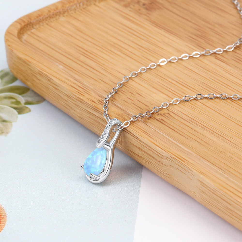 Planderful Jewelry Sterling Silver Opal Necklace With Blue Water Drop Pendant for Everyday Elegance