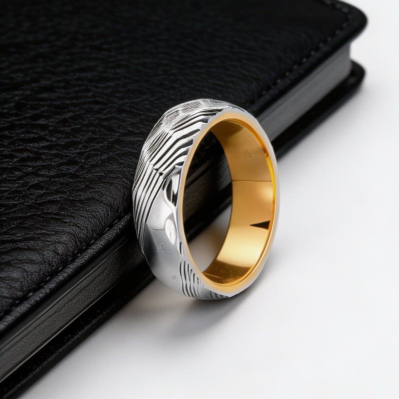Trendy Retro Wavy Ring, Damascus Leather Steel Ring Stainless Steel Men's