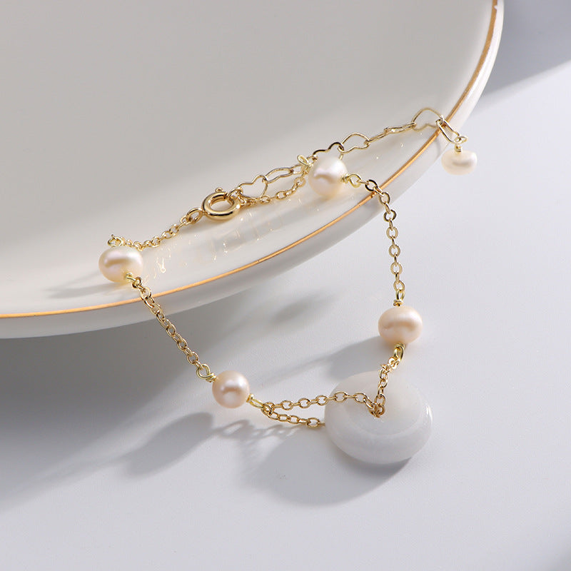 Jade and Pearl Sterling Silver Bracelet with Safety Buckle
