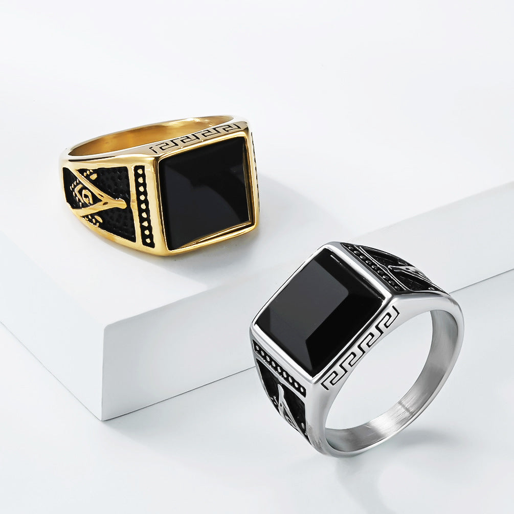 Planderful Freemason Ring Black Stone Stainless Steel Unisex Symbol Of Protection For Fraternity Members