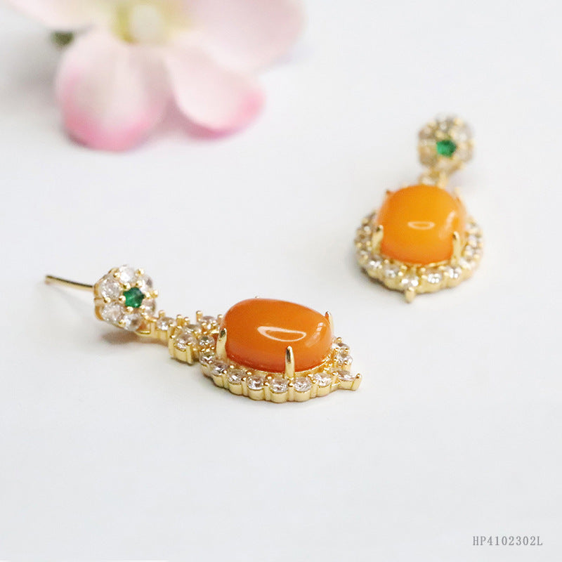 Yellow Beeswax Amber Zircon Halo Stud Earrings