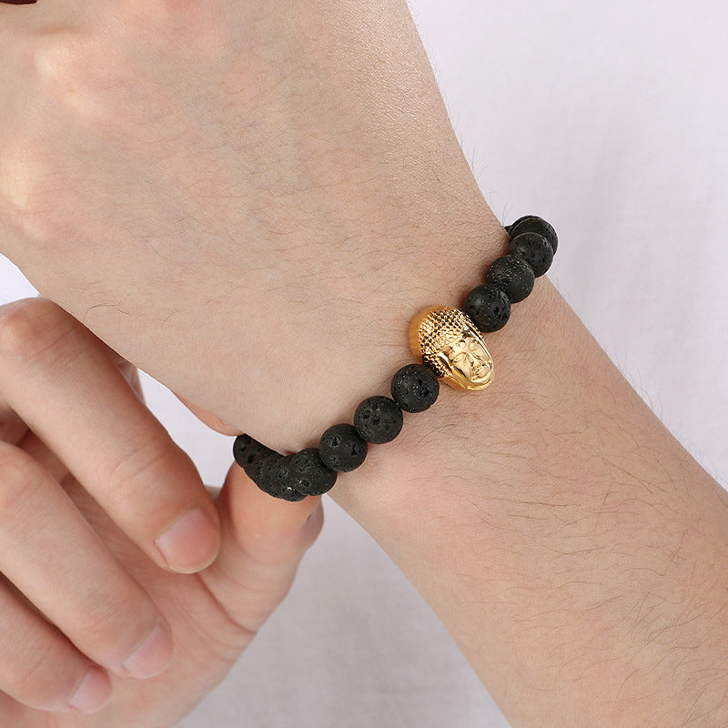 Planderful Volcanic Stone Beaded Bracelet For Men Buddha