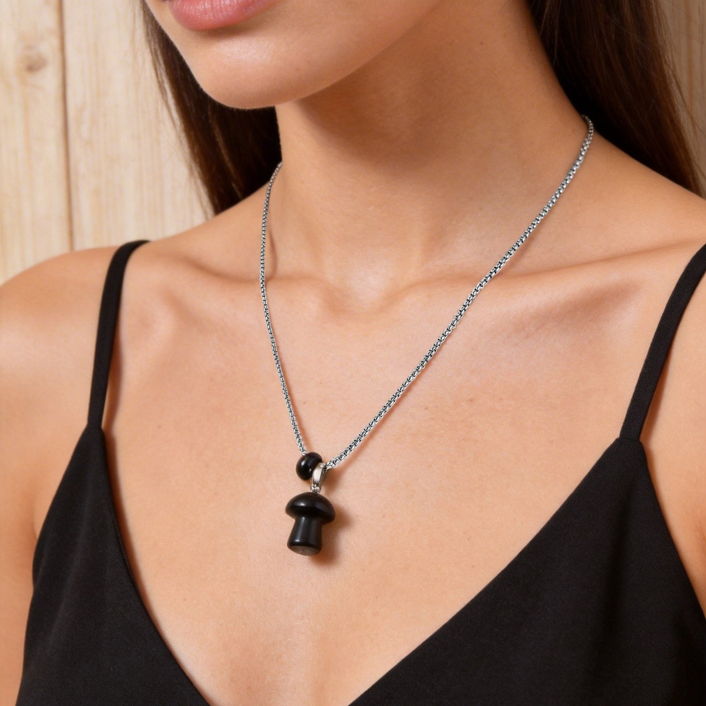 Stainless Steel Natural Tiger's Eye Stone Obsidian Mushroom Necklace Daily