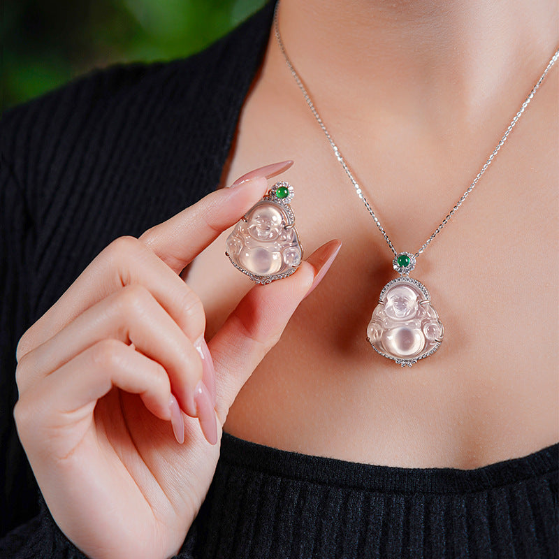 Ice Chalcedony Buddha Pendant Necklace S925 Sterling Silver