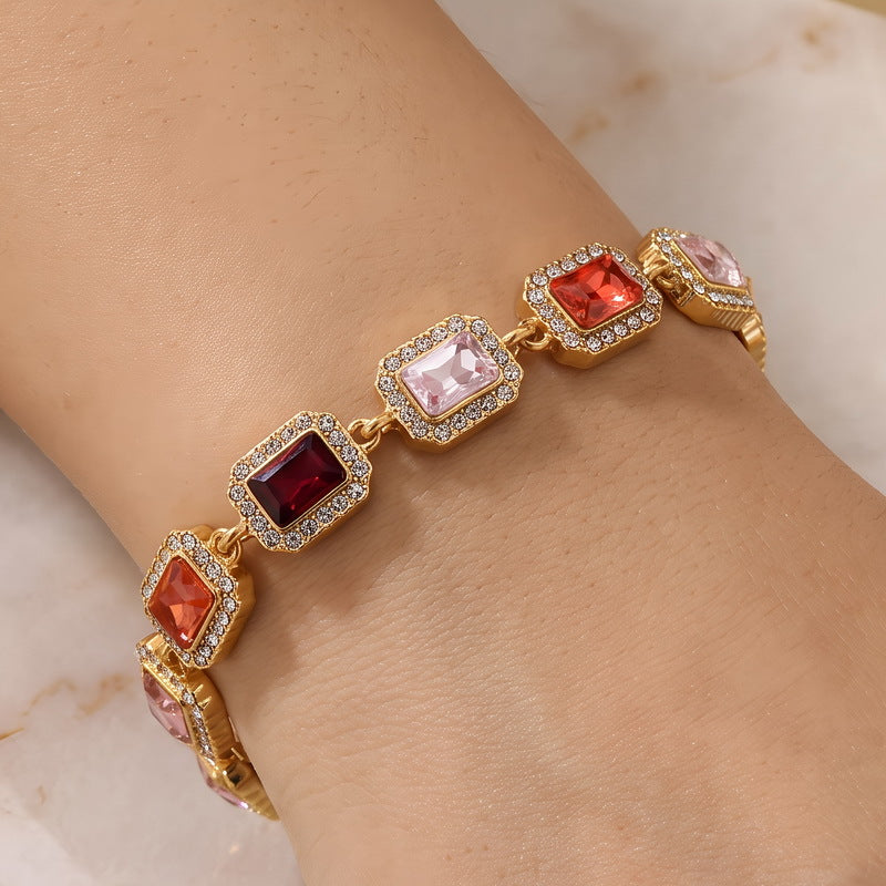 Color Surrounding Square Zircon Stainless Steel Bracelet Palace Style Adjustable