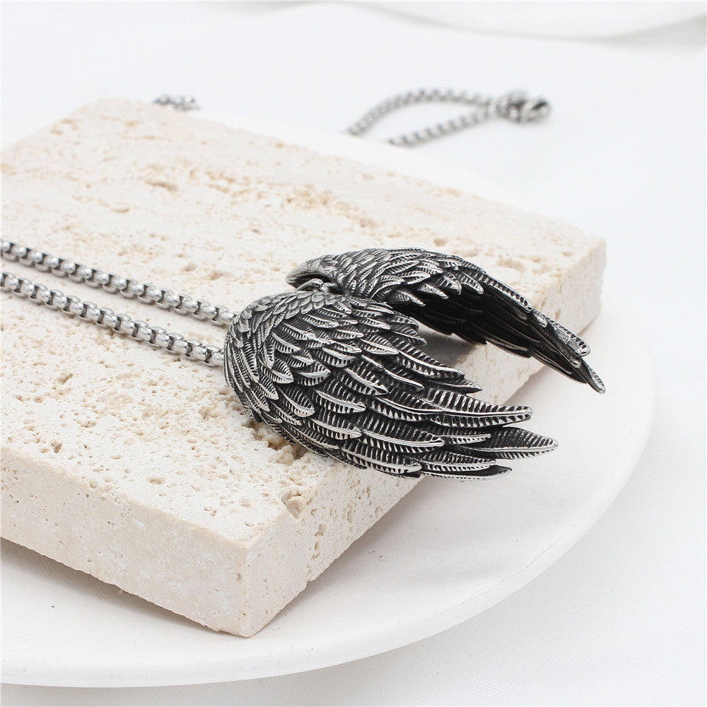 Planderful Personalized Retro Angel Wings Pendant Necklace Titanium Steel Men Unisex Protection Gift