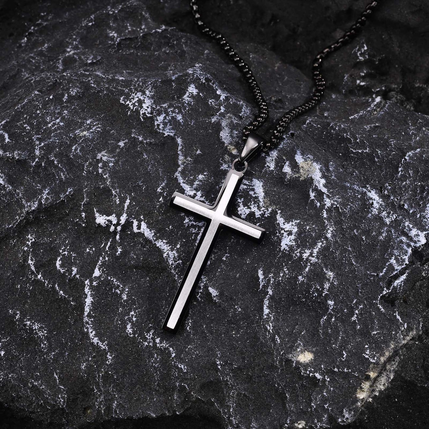 Stainless Steel Cross Pendant Necklace Men's Electric Black Jewelry