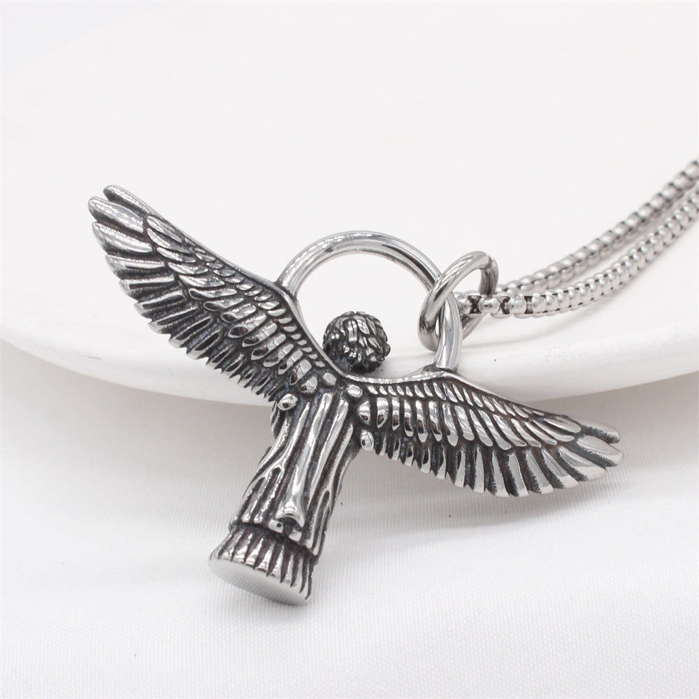Planderful Everyday Genie – European and American Retro Angel Cupid Men’s Titanium Steel Pendant Necklace
