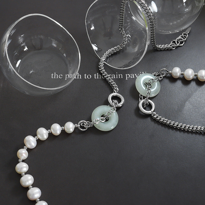 Ethnic Fusion Freshwater Pearl and Jade Pendant Necklace with Titanium Steel Chain