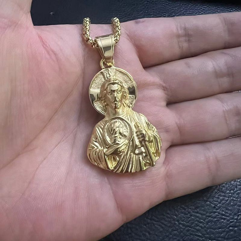 Planderful Everyday Genie St Jude Bust Pendant Stainless Steel Gold Plated For Men Durable Religious Jewelry Gift