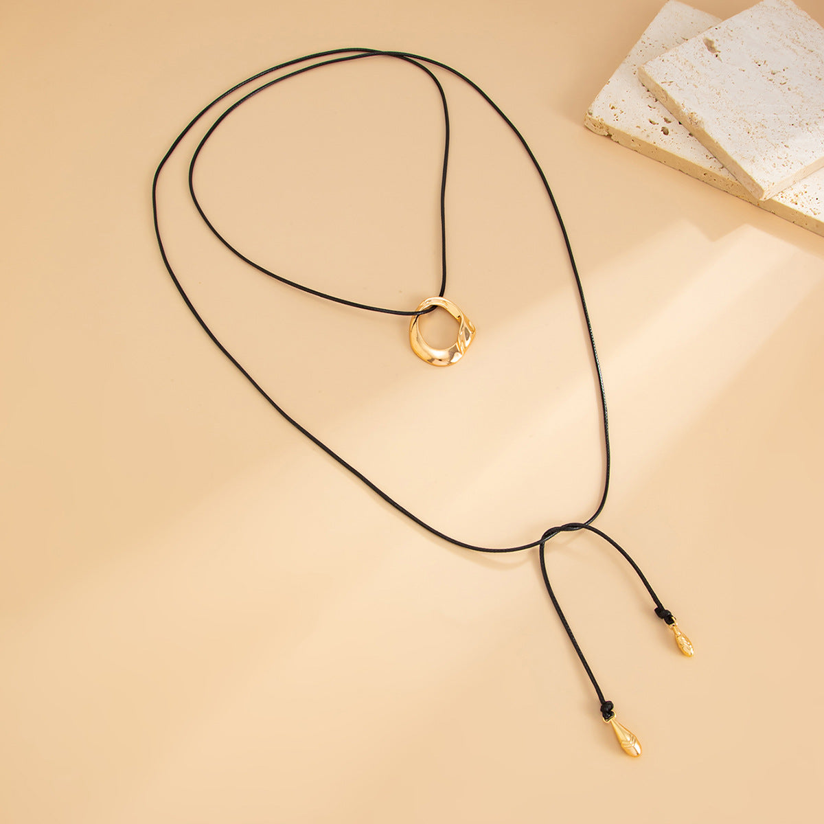 Teardrop & Ring Long Pendant Necklace