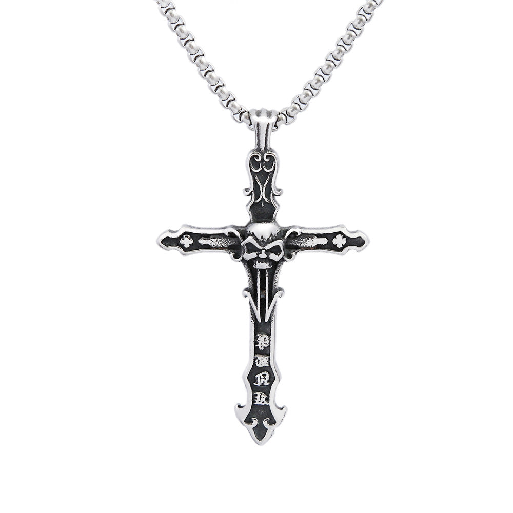 Planderful Vintage Skull Necklace with Stainless Steel Cross Pendant