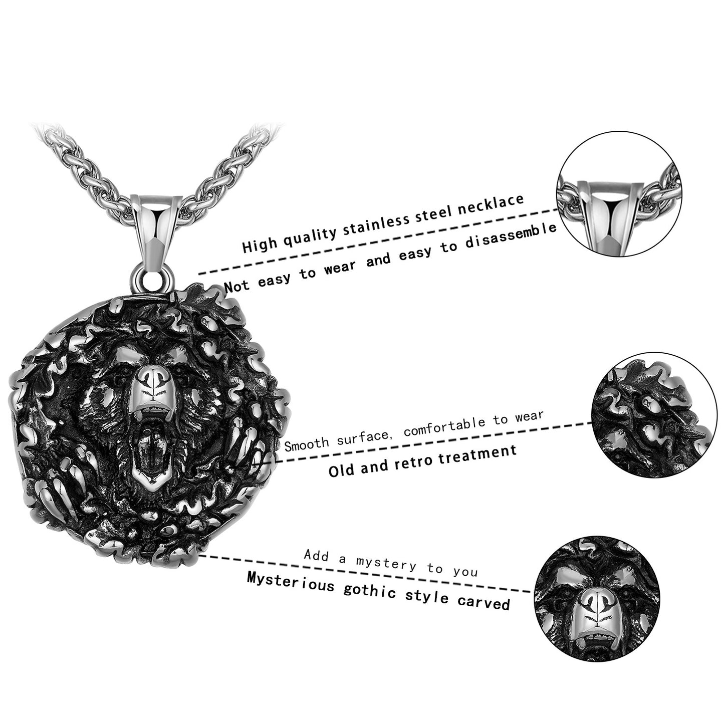 Steel Necklace – Statement Bear Head Pendant