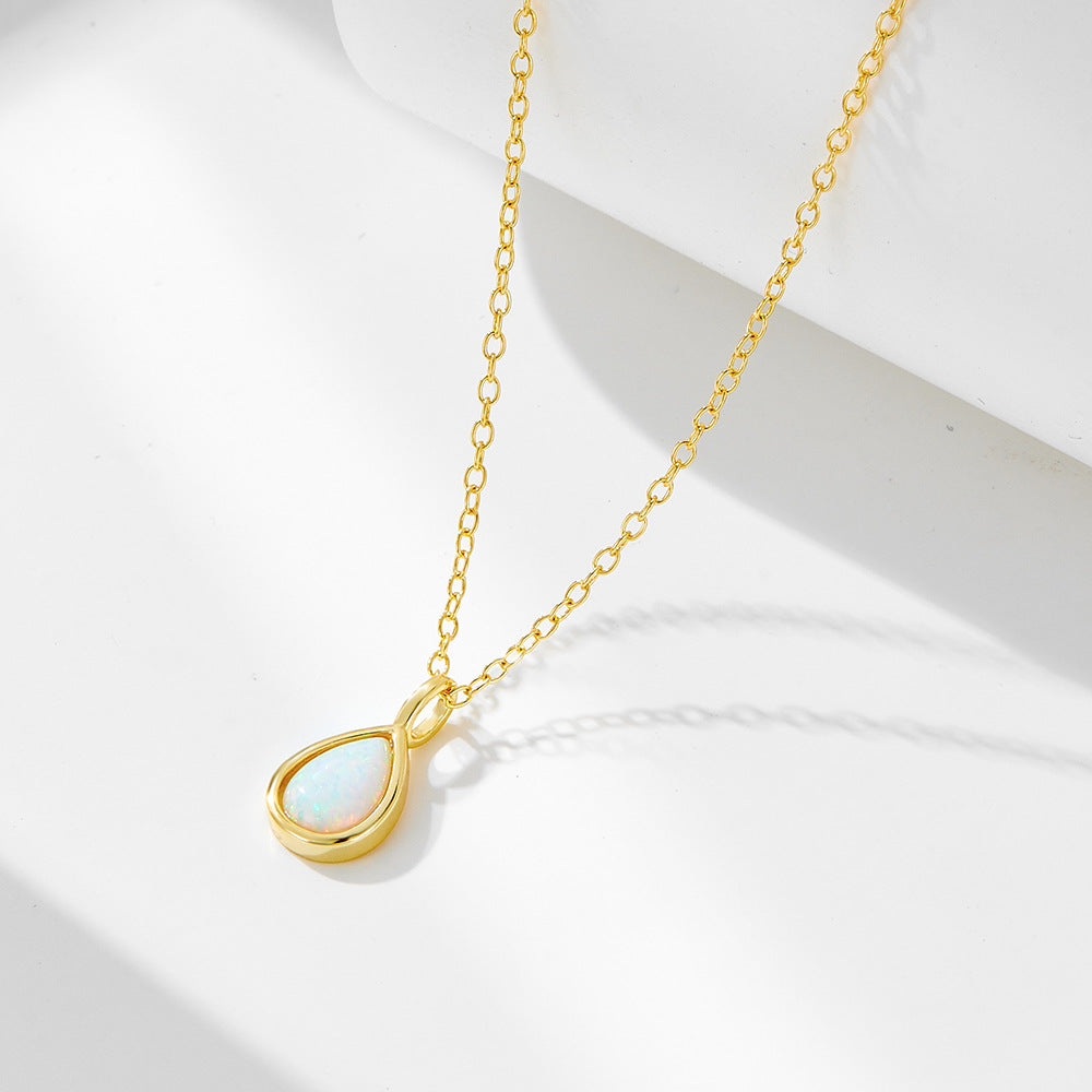 S925 Sterling Silver Geometric Opal Necklace Light Luxury