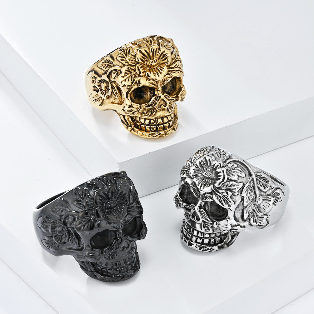 Flower Grass Skull Stainless Steel Ring Men's