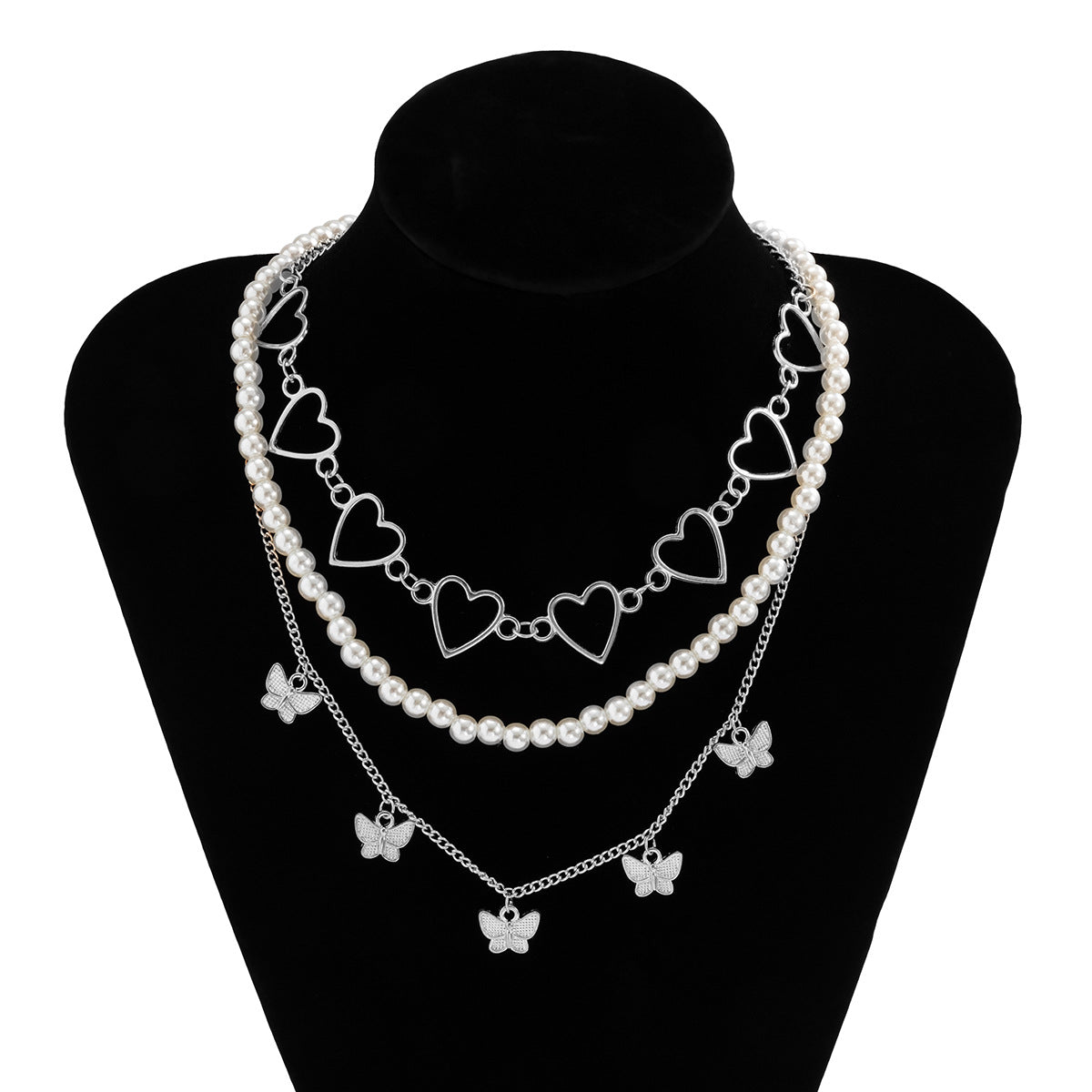 Planderful Peach Heart Hollow Necklace Multi Layered Imitation Pearl Butterfly Statement Jewelry For Women