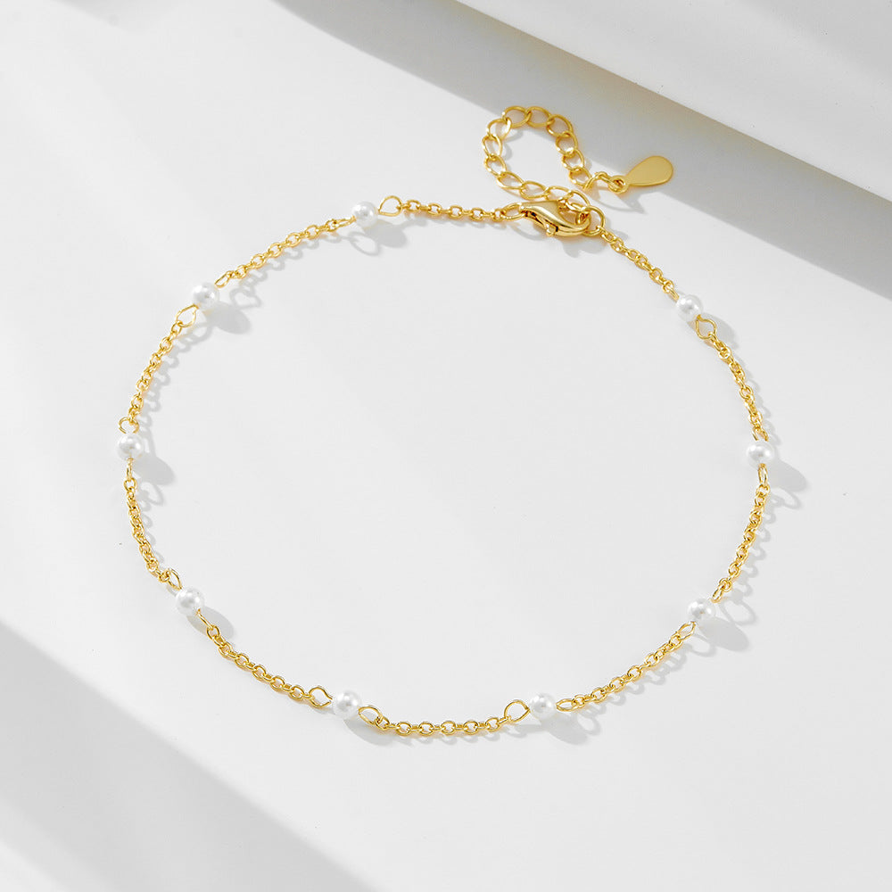 S925 Sterling Silver Plated 14k Gold Pearl Beaded Anklet And 3mm Bead Foot Bracelet
