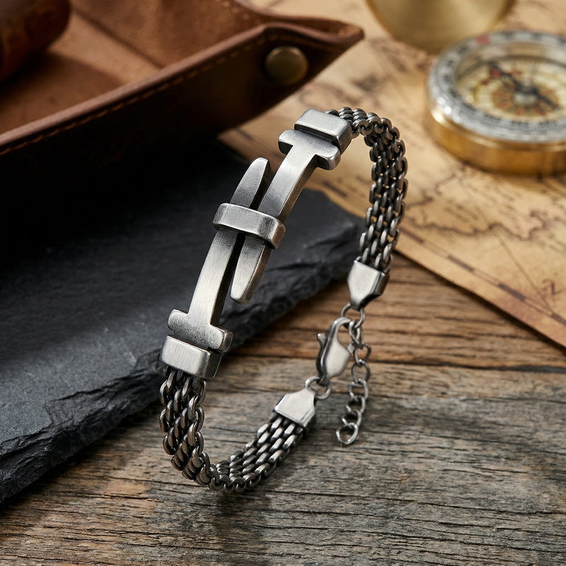 Style Buckle With Extension Chain Bracelet – Cross Curved Bar Mesh Chain Stainless Steel