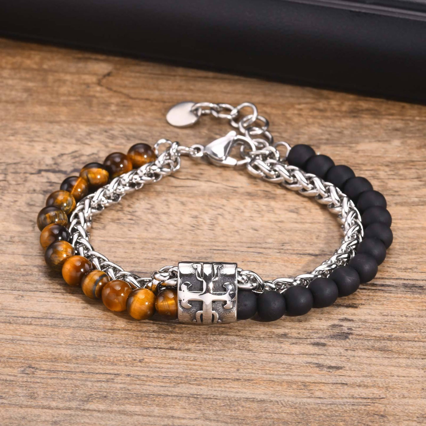 Jewelry Wholesale Stainless Steel Double Tiger's Eye Agate Cross Bracelet