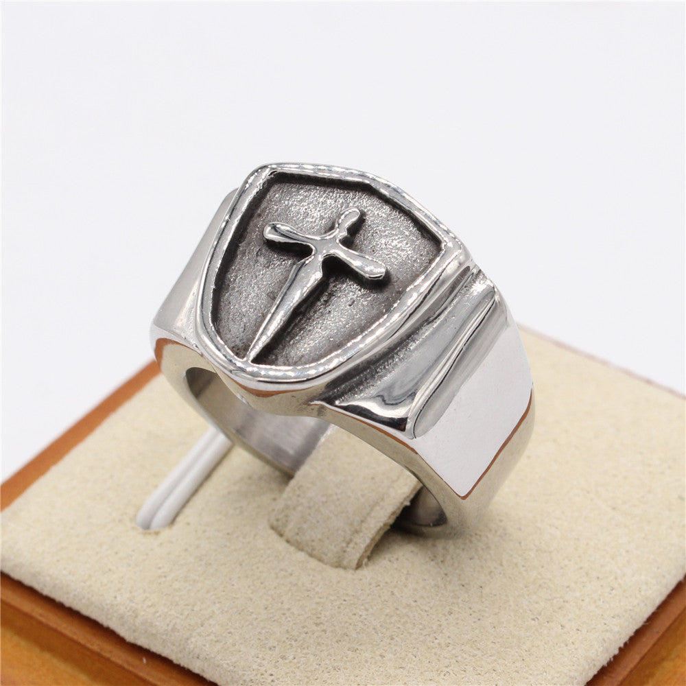 Crucifix Shield Polished Titanium Steel Ring for Men