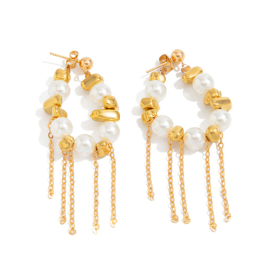 Planderful Vienna Verve Fringed Silver Chain Stud Earrings With Imitation Pearl For Women Statement