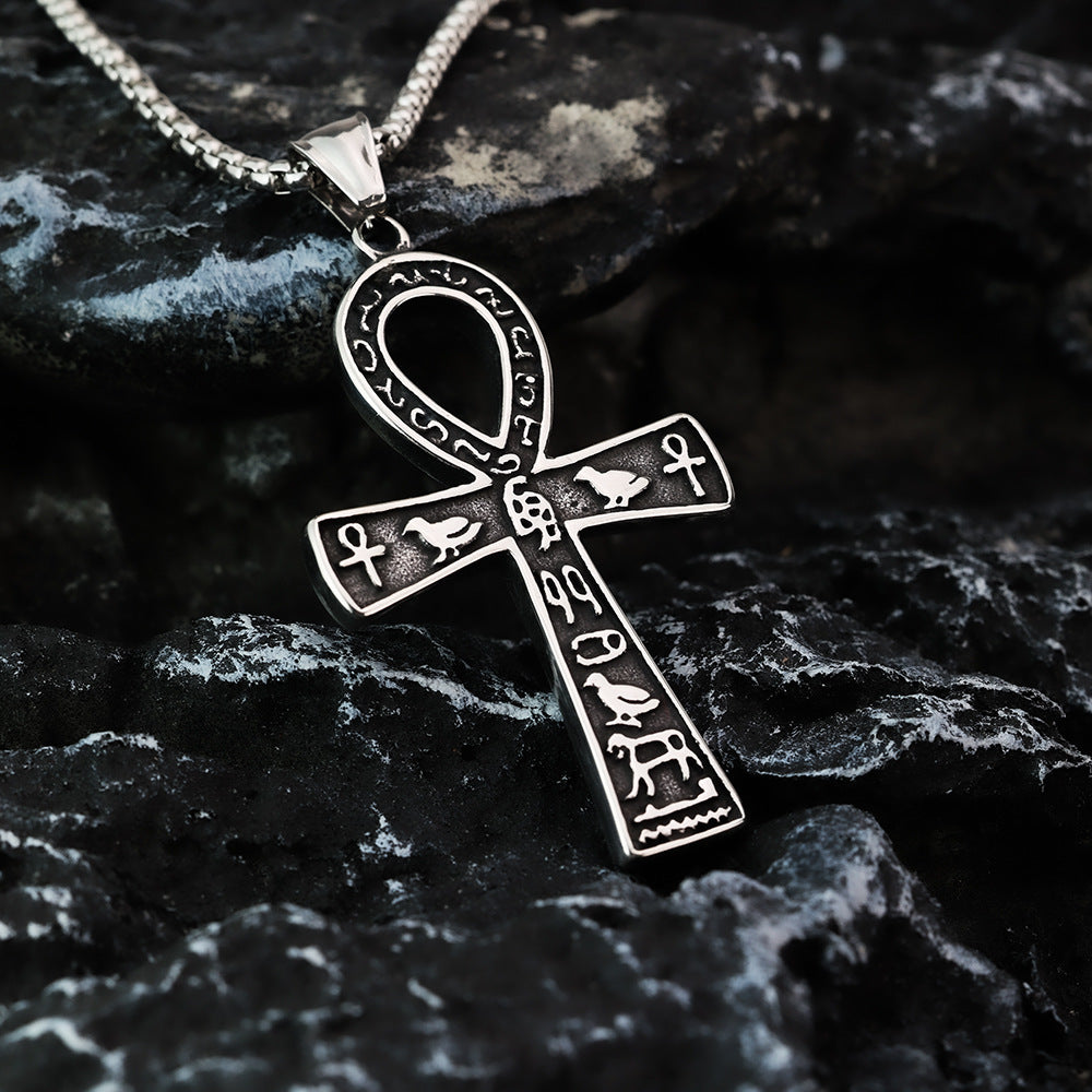 Vintage Men's Stainless Steel Pendant Necklace Egyptian Anka Cross