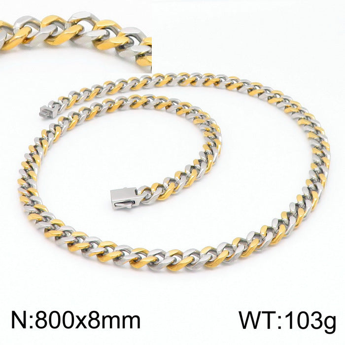 Stainless Steel Cuban Chain Bracelet, Rock Street Men's Vacuum Plated Four-Sided Grinding Square Necklace
