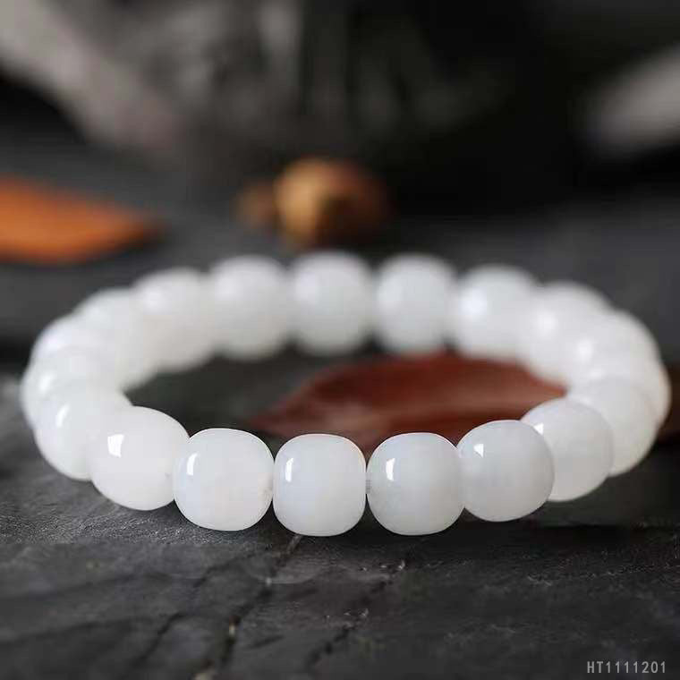 White Hetian Jade 10 mm Vintage Bead Bracelet