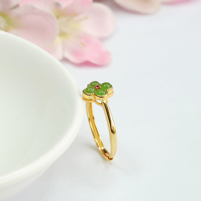 Fortune's Favor S925 Silver Natural Hotan Jade Four Leaf Clover Jasper Ring