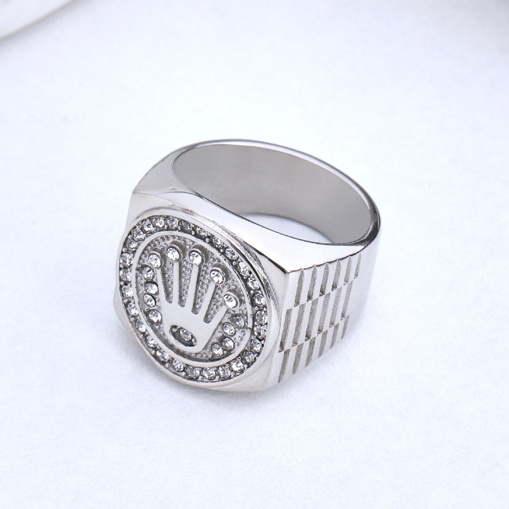 European and American Personality Retro Hip Hop Zircon Crown Men's Titanium Steel Ring With Zircon Detail