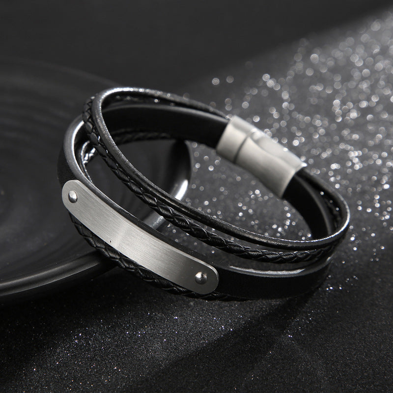 Planderful Mens Stainless Steel Magnetic Leather Bracelet