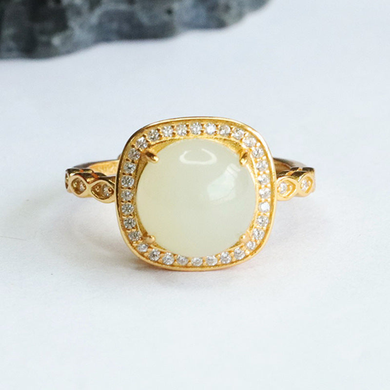 Stunning S925 Silver Hetian Jade Ring with Square Zircon Halo