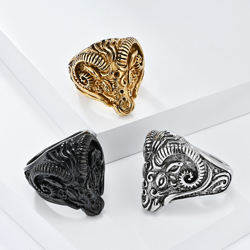 Cross-Border Retro Goat Head Titanium Steel Ring for Men